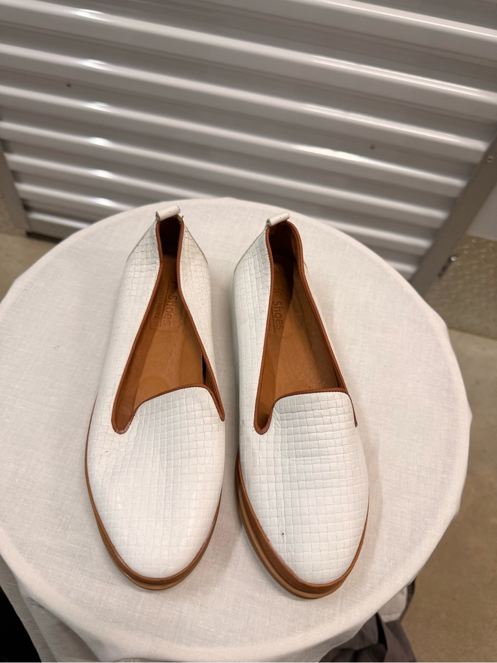 Women's White Textured Slip-On Loafers with Tan Trim